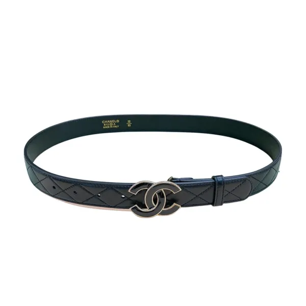 Chanel Women's CC Belt In Black/White Diamond Stitching Calfskin With Gold Hardware 30mm