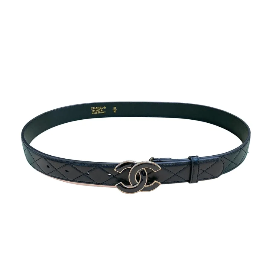 Chanel Women's CC Belt In Black/White Diamond Stitching Calfskin With Gold Hardware 30mm