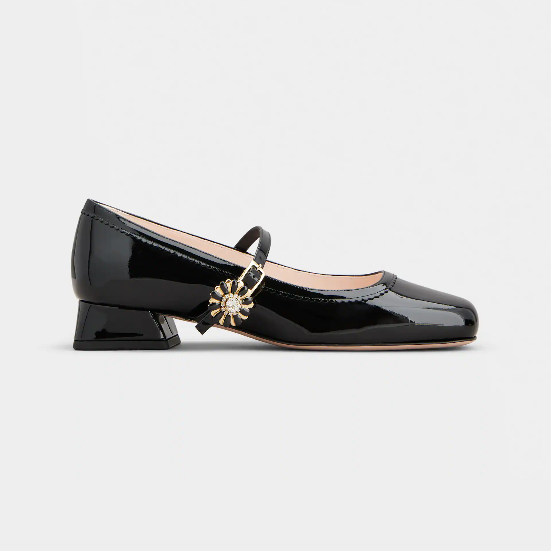 Roger Vivier Très Vivier Dasiy Mary Janes Em Couro Verniz Preto Com Fivela De Metal Flor (Altura Do Salto 2,5cm)