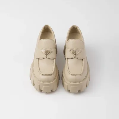 PRADA Desert Yellow Monolith shiny leather loafers