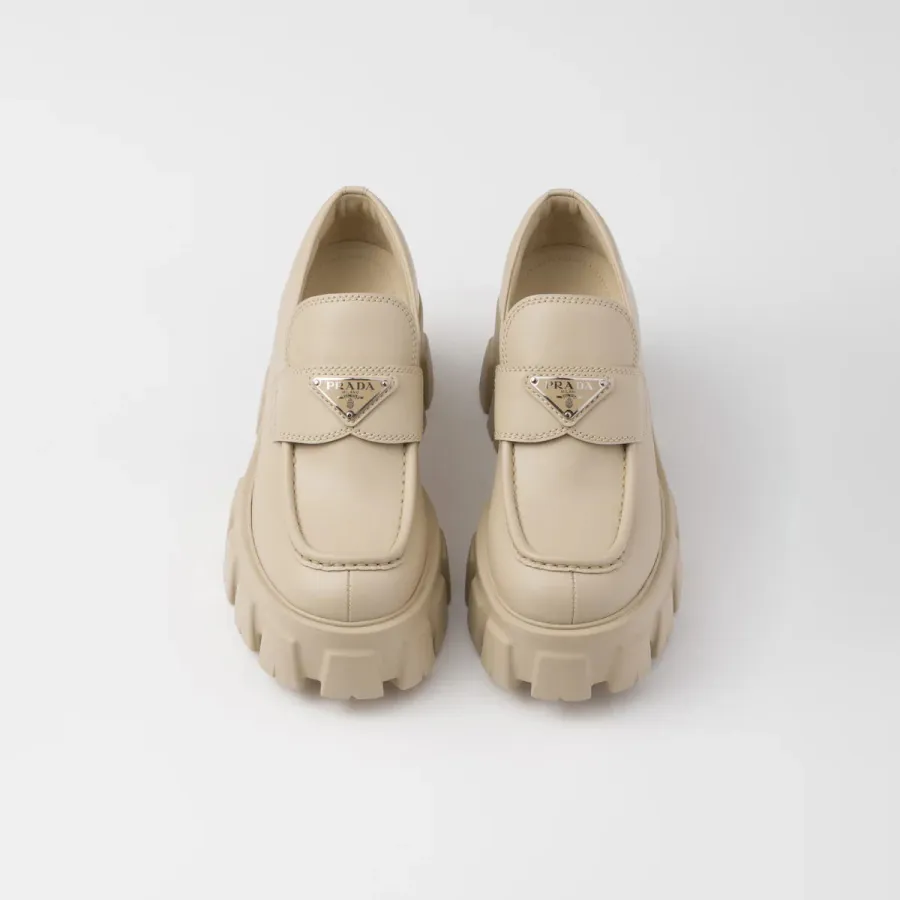 PRADA Desert Yellow Monolith shiny leather loafers