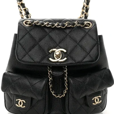 Chanel Duma Pockets Drawstring Backpack Small Black Quilted Shiny Caviar Leather Light Gold Hardware