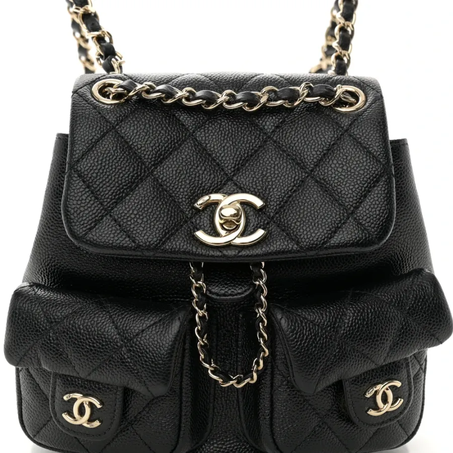 Chanel Duma Pockets Drawstring Backpack Small Black Quilted Shiny Caviar Leather Light Gold Hardware