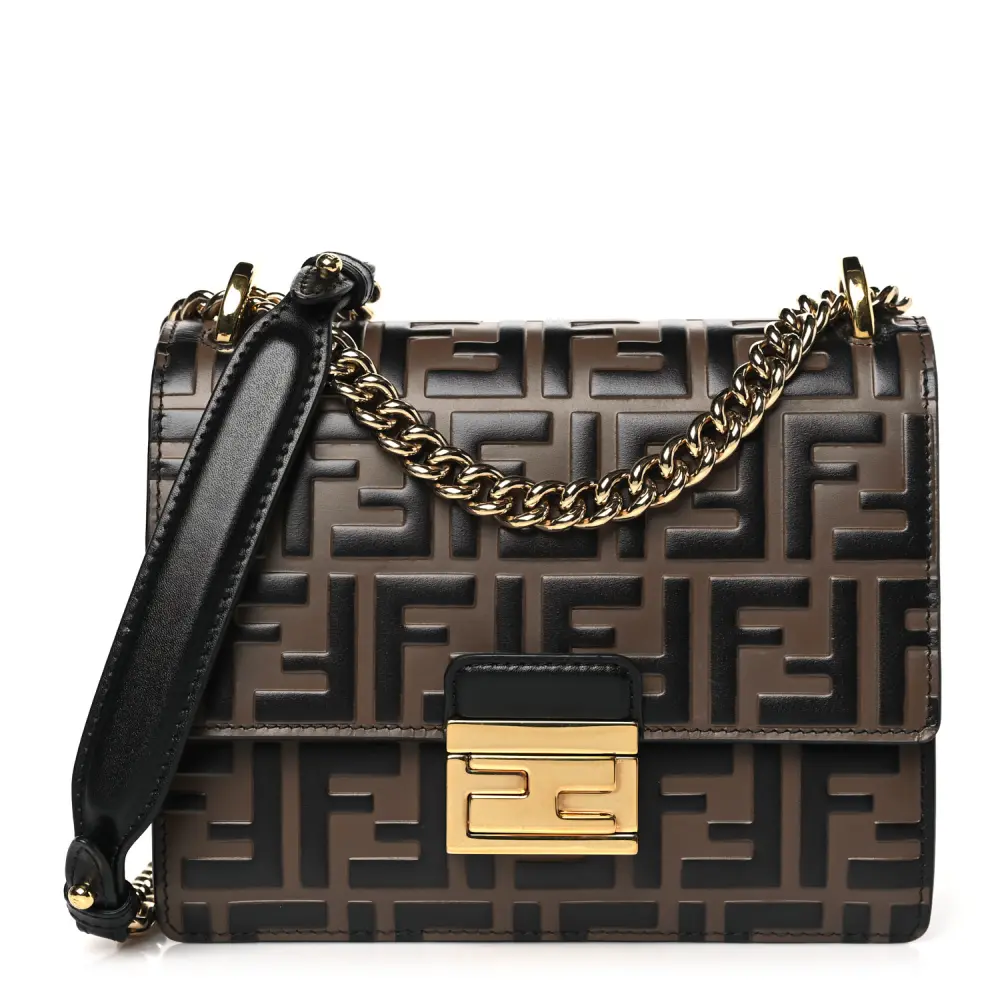 Fendi Small FF 1974 em Relevo Kan U Bolsa de Ombro Maya/Preto Bi-Color Liberty Vitello Couro Hardware Dourado