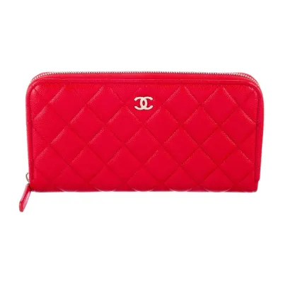 Chanel Large Interlocking CC Logo Continental Wallet Red Caviar Leather Silver Hardware