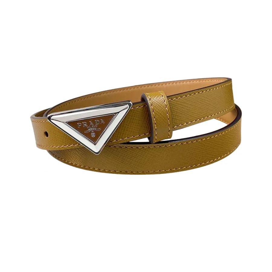 Prada Women' s Triangled Buckle Belt In Brown/Pink/White Calfskin With Gold/Silver Hardware 20mm
