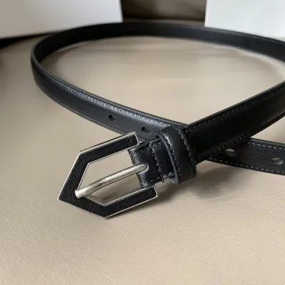 Saint Laurent Triangle Frame Buckle Thin Belt In Black/White Smooth Calfskin With Silver Hardware 20mm
