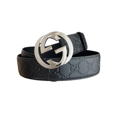 Gucci Men's Interlocking G Buckle And Interlocking G Belt In Black/Brown Marmont In Calfskin/Canvas With Gold/Silver Hardware 40mm