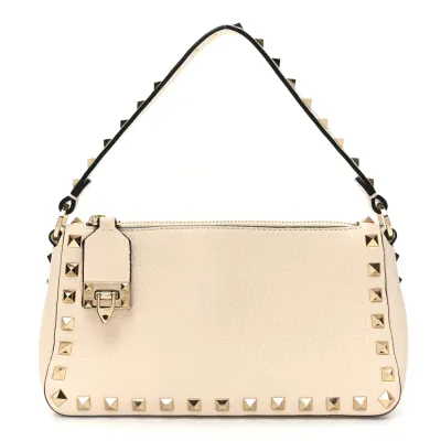 Valentino Garavani Small Rockstud Flip Lock Shoulder Bag Light Ivory Pebbled Calfskin Leather Light Gold Hardware