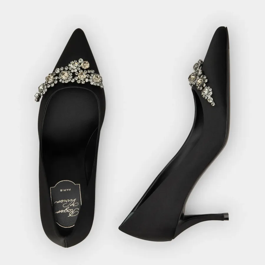 Roger Vivier Efflorescence Pumps High Heels In Black Satin With Crystal Flowers Buckle (Heel Height 6.5cm)