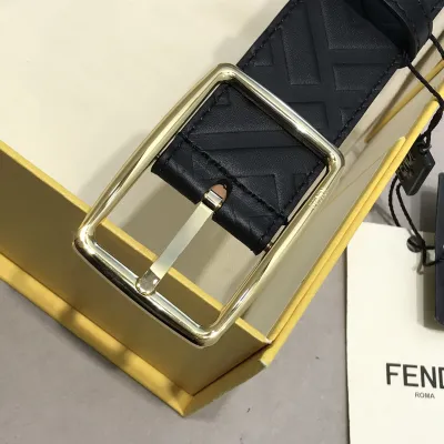 Fendi Men's Rectangle Buckle Belt In Black FF Calfskin With Gold/Silver Hardware 35mm