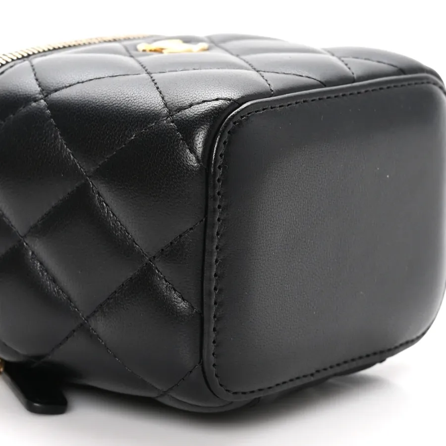 Chanel Pearl Crush Vanity Case With Chain Mini Black Quilted Lambskin Leather Gold Hardware