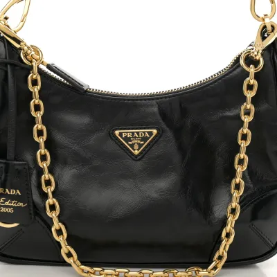 Prada Medium Re-Edition 2005 Shoulder Bag Black Patent Naplak Leather Gold Hardware