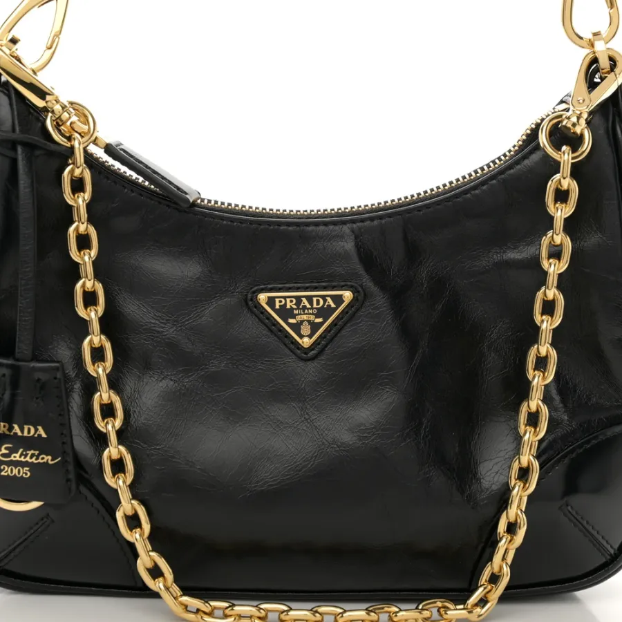 Prada Medium Re-Edition 2005 Shoulder Bag Black Patent Naplak Leather Gold Hardware