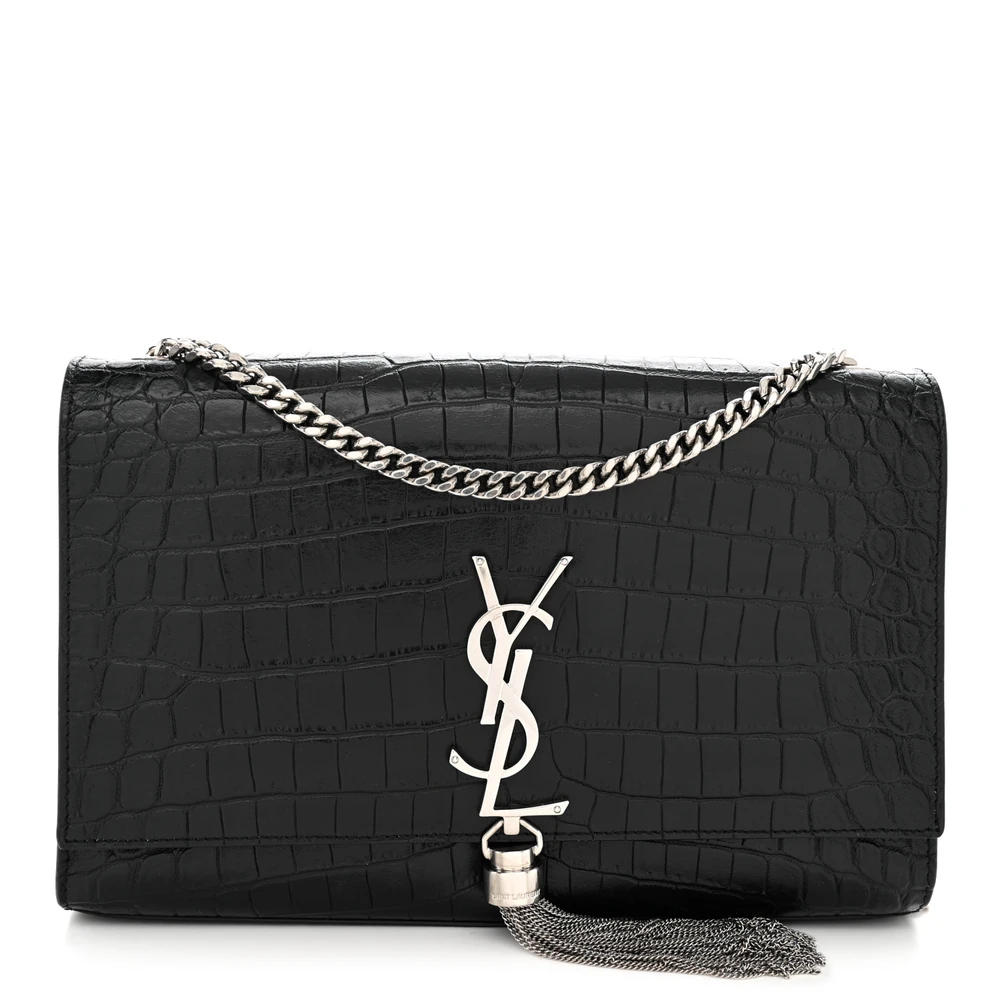Saint Laurent Kate Média com Borlas Satchel Preto Monograma Clássico Relevado em Pele de Bezerro e Couro de Crocodilo Hardware Prateado