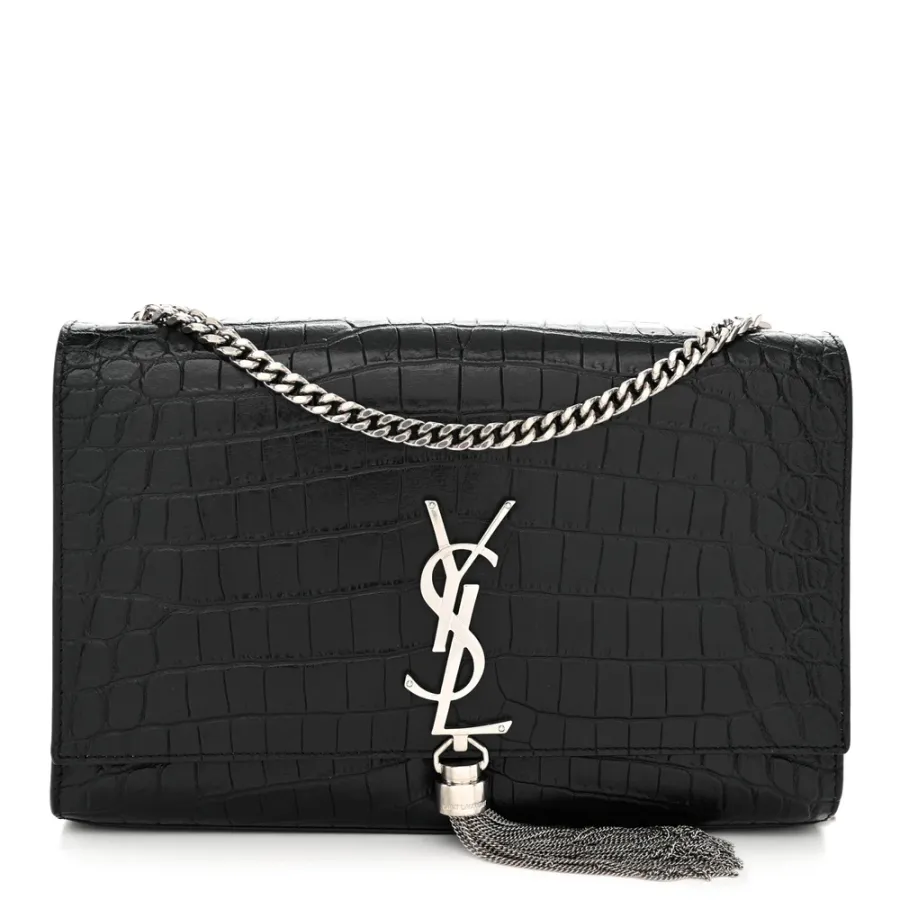 Saint Laurent Medium Kate Tassel Satchel Black Embossed Classic Monogram Calfskin & Crocodile Leather Silver Hardware