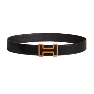 Hermès Men' s Tonight Color H Buckle Reversible Belt In Black/Brown/Coffee Calfskin With Orange Hardware 38mm