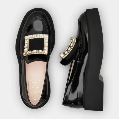 Roger Vivier Viv' Rangers Loafers In Black Patent Leather With Crystal Buckle (Heel Height 5.5cm)