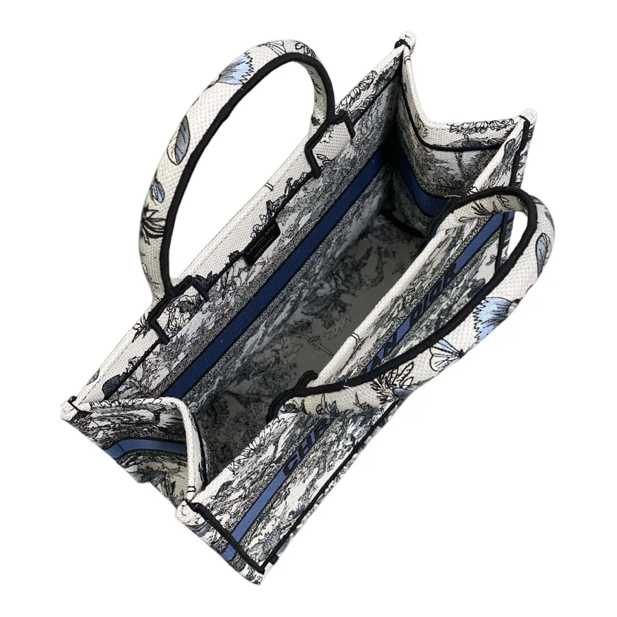 Dior Medium Dior Book Tote In White Embroidery with Denim Blue Dior Chardons Motif