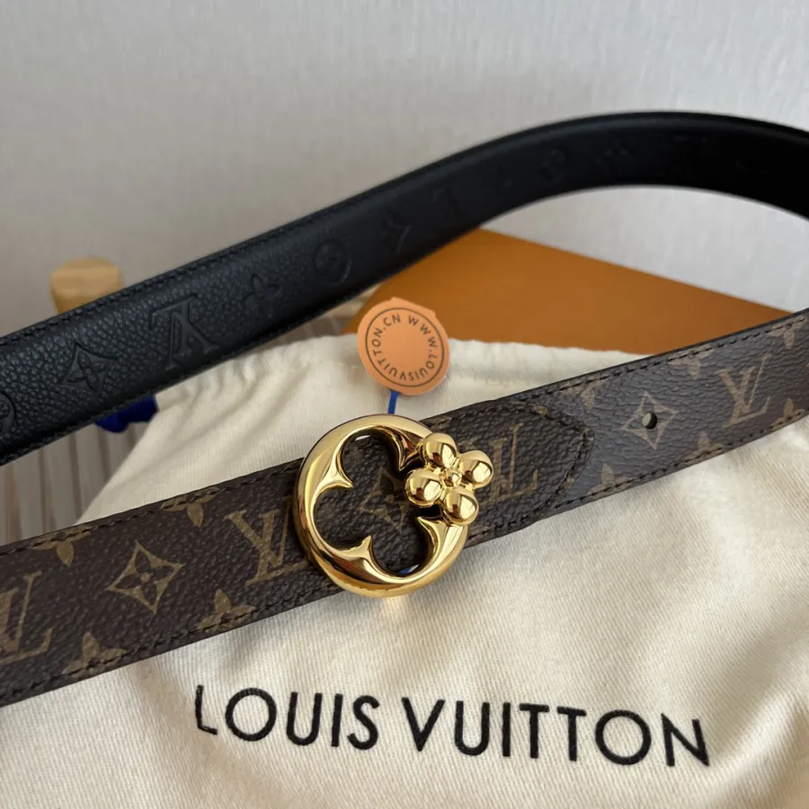 Louis Vuitton Women's Flowergram Round Buckle Reversible Belt In Black/White/Brown Calfskin And Monogram Canvas With Gold Hardware 30mm