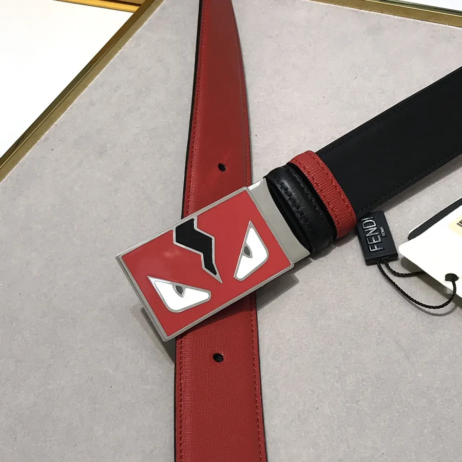 Fendi Men's FF Monster Eyes Reversible Belt In Red/Blue/Black Calfskin With Silver Hardware 35mm