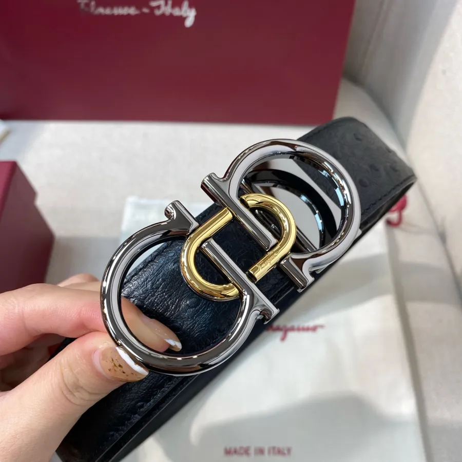 Ferragamo Men's Double Gancini Buckle Belt In Black Ostrich Grain Calfskin With Gold/Silver Hardware 35mm