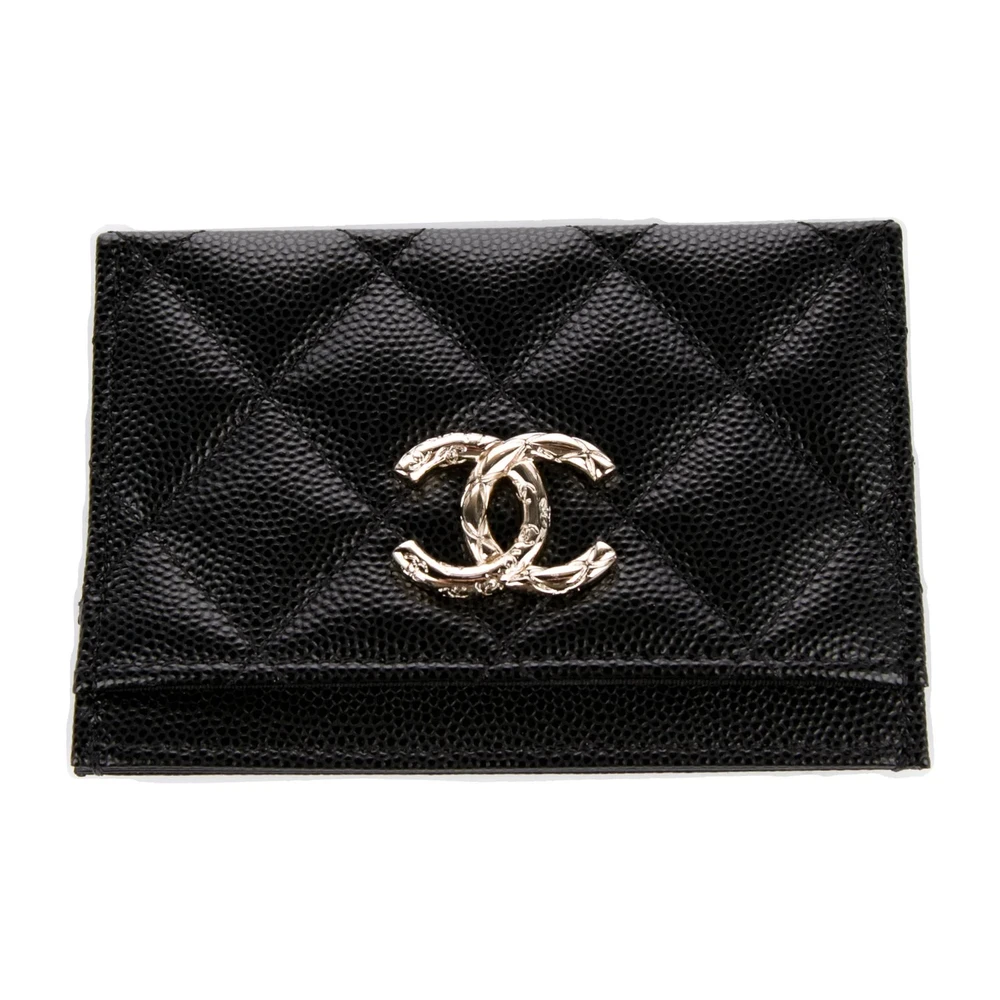 Chanel Porta-cartões Pequeno com Logo CC Entrelaçado Couro de Cordeiro Preto Acabamento Dourado