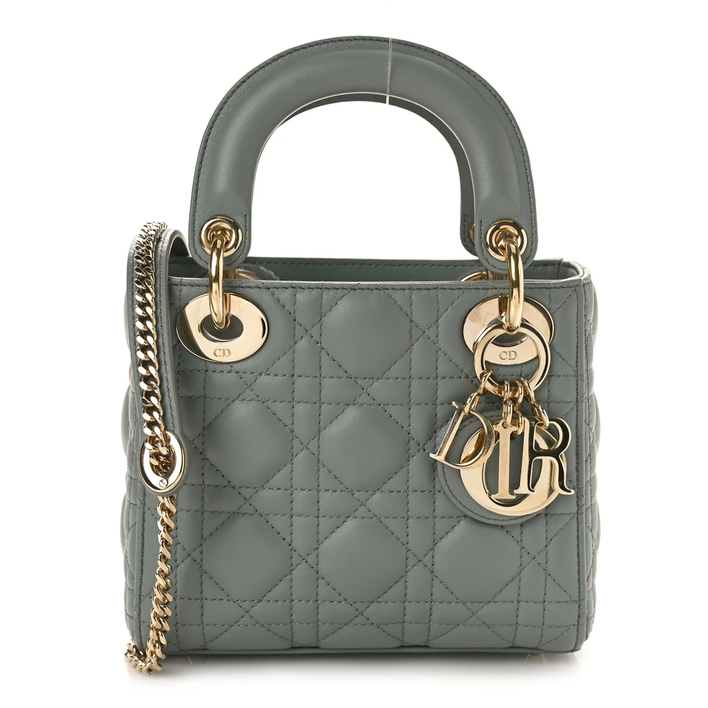 Dior Mini Lady Dior Cinza Cannage Pele de Cordeiro Hardware Dourado