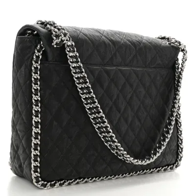 Chanel Chain Around Flap Maxi Black Quilted Washed Lambskin Leather Silver Hardware