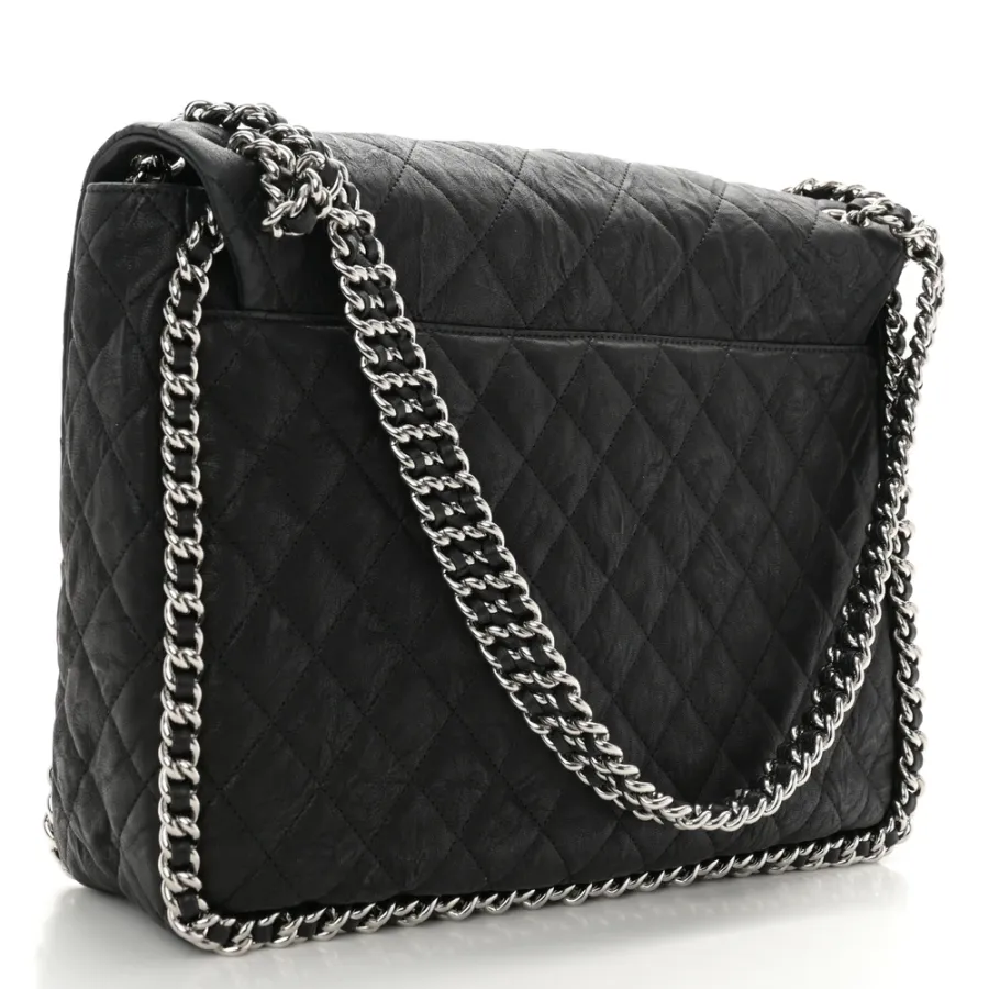 Chanel Chain Around Flap Maxi Black Quilted Washed Lambskin Leather Silver Hardware
