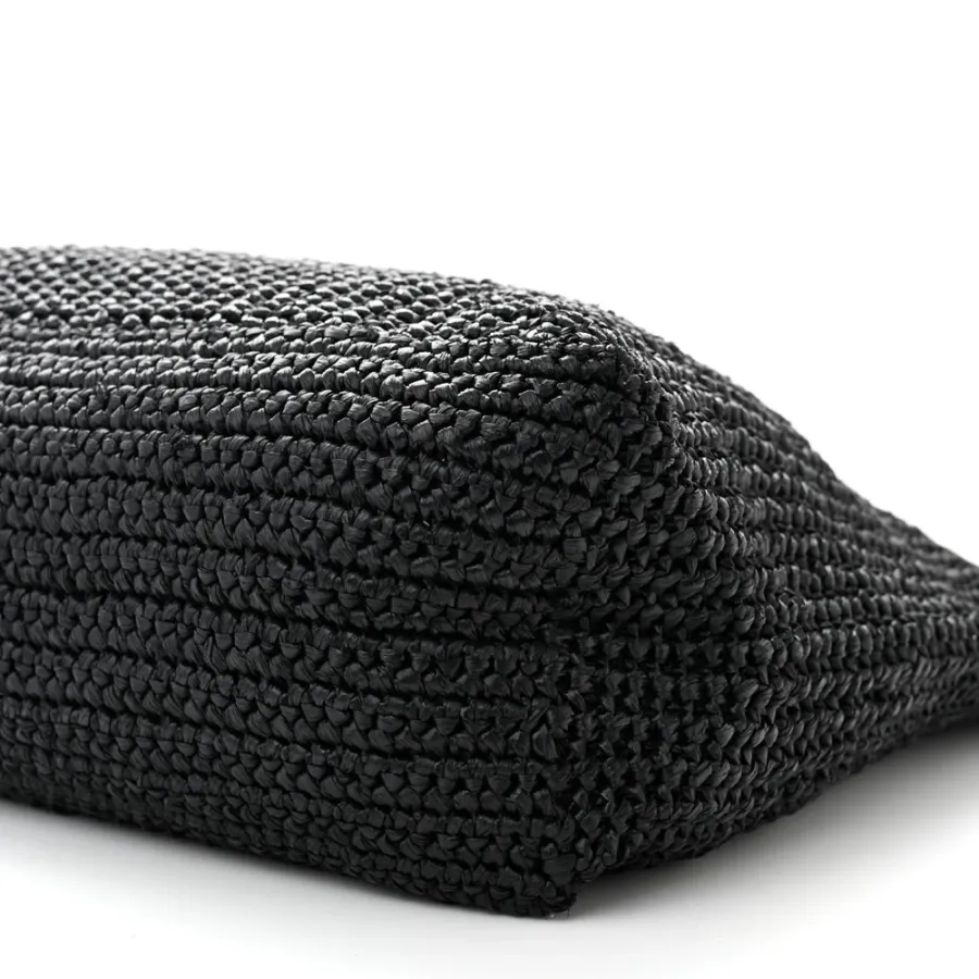 Prada Large Effect Crochet Logo Tote Bag Black Yarn Raffia