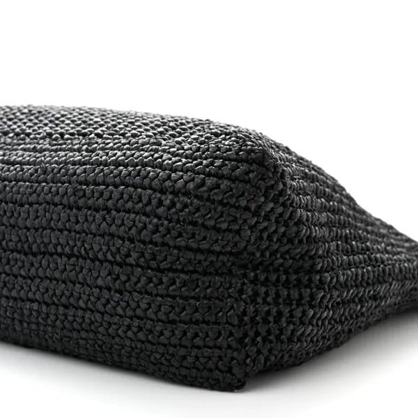 Prada Large Effect Crochet Logo Tote Bag Black Yarn Raffia - Image 5