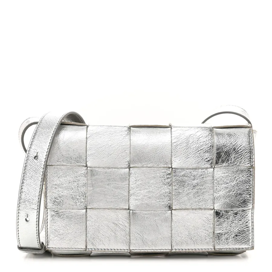 Bottega Veneta Maxi Intrecciato Cassette Crossbody Bag Metallic Silver Lambskin Leather