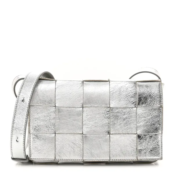 Bottega Veneta Maxi Intrecciato Cassette Crossbody Bag Metallic Silver Lambskin Leather