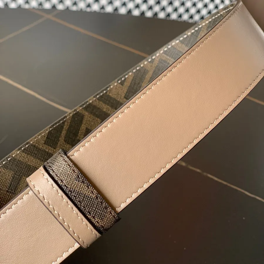 Fendi Men's Faster Reversible Belt In Beige/Black/Brown Calfskin And Monogram Canvas With Gold/Silver Hardware 35mm