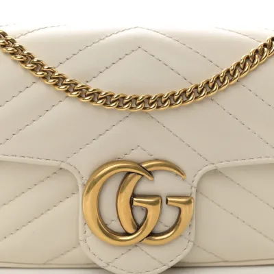 Gucci Mini GG Marmont Shoulder Bag White Calfskin Matelassé Super Leather Aged Gold Hardware