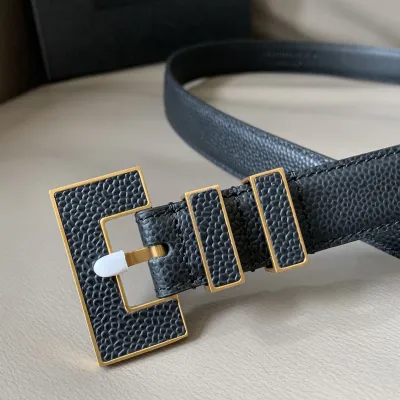 Saint Laurent Carre Rive Gauche Double-Loop Belt In Black Calfskin With Gold/Silver Hardware 25mm