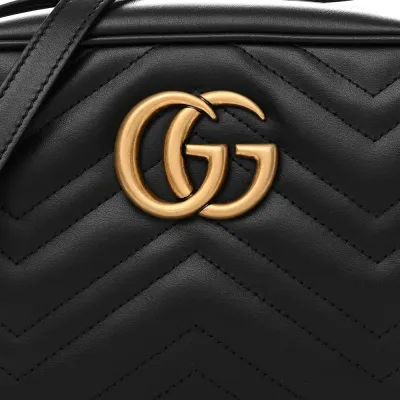Gucci Small GG Marmont Chain Shoulder Bag Black Calfskin Matelassé Leather Gold Hardware