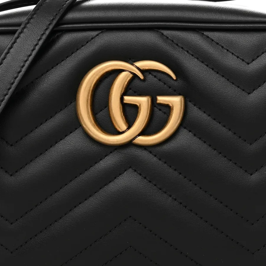 Gucci Small GG Marmont Chain Shoulder Bag Black Calfskin Matelassé Leather Gold Hardware