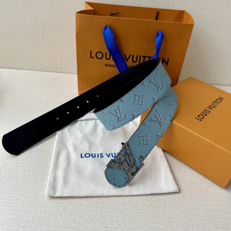 Louis Vuitton Men's Dimension Monogram Héritage Belt In Blue/White Canvas With Gold/Silver Hardware 40mm