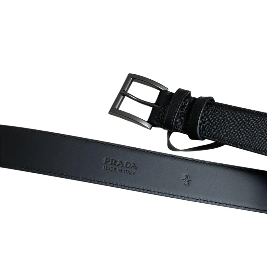 Prada Women' s Square Buckle Belt In Black Calfskin With Gold/Silver/Gun Black Hardware 35mm