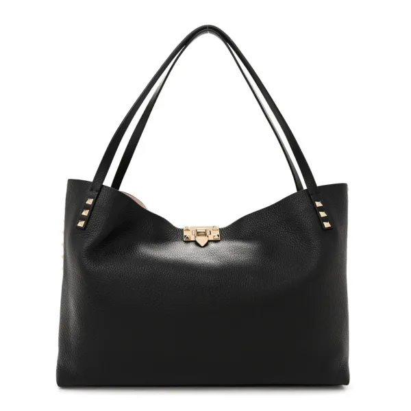 Valentino Garavani Medium Rockstud Tote Black/Rose Quartz Grainy Calfskin Leather Gold Hardware
