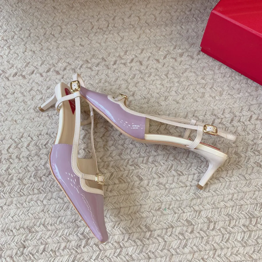 Roger Vivier Viv' Canard Slingback Pumps High Heels In Purple/White/Pink/Yellow/Blue Patent Leather With Metal Buckle (Heel Height 5.5cm)