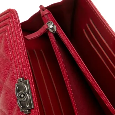 Chanel Small Interlocking CC Logo Compact Wallet Red Caviar Leather Silver Hardware