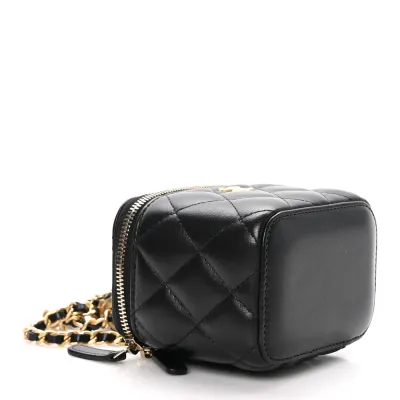 Chanel Pearl Crush Vanity Case With Chain Mini Black Quilted Lambskin Leather Gold Hardware