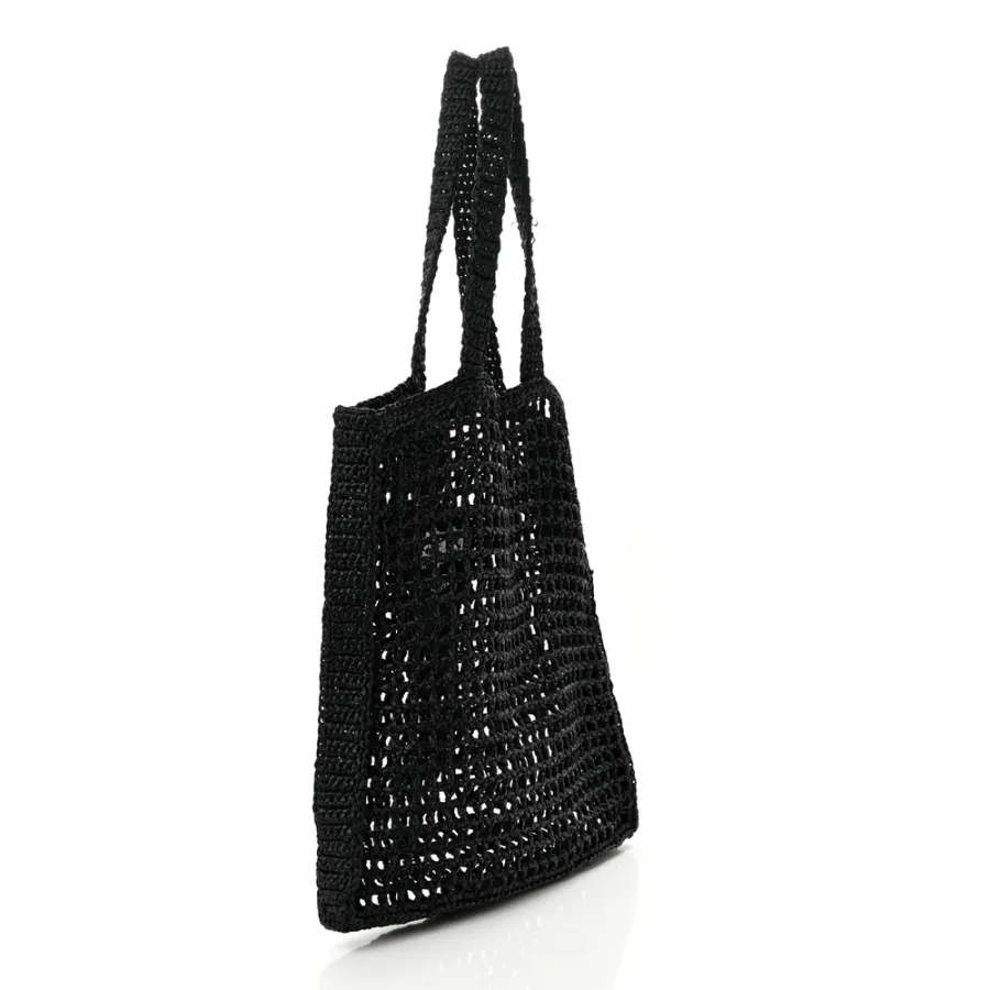 Prada Medium Effect Crochet Logo Embroidered Tote Bag Black Yarn Raffia