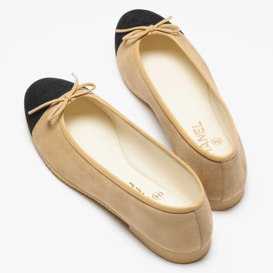 Chanel Flat shoes suede effect sheepskin leather beige and black Ballet  Shoes