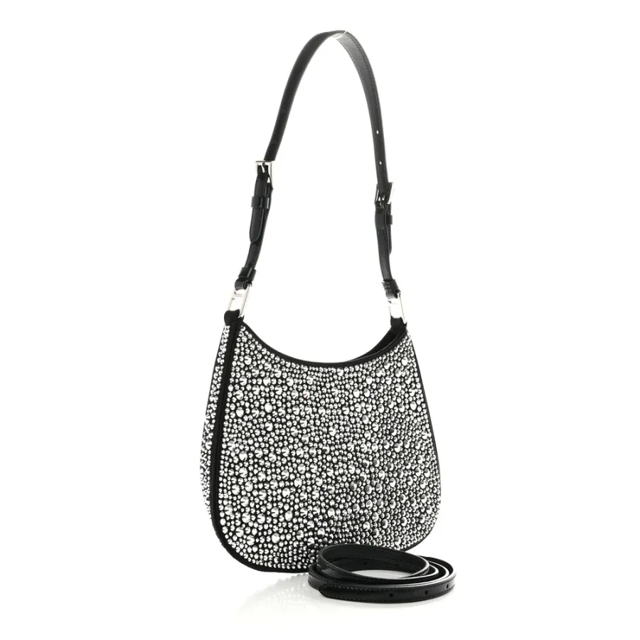 Prada Medium Cleo Adjustable Strap Shoulder Bag Metal Satin & Crystal Silver Hardware