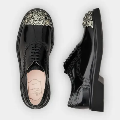 Roger Vivier Viv' Rangers Lace-Ups Loafers In Black Leather With Crystal Flowers