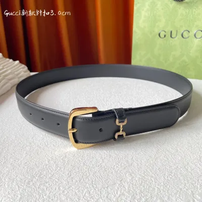 Gucci Women's Square Buckle With Beading Horsebit Thin Belt In White/Black Smooth Calfskin With Gold/Silver Hardware 30mm